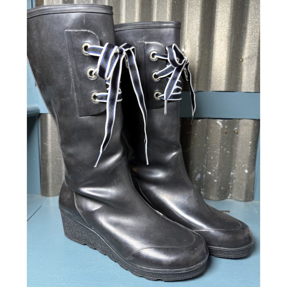 Sperry Sadie Womens Tall Wedge Ribbon Laces Up Rain Boots Black Size 9 Rubber